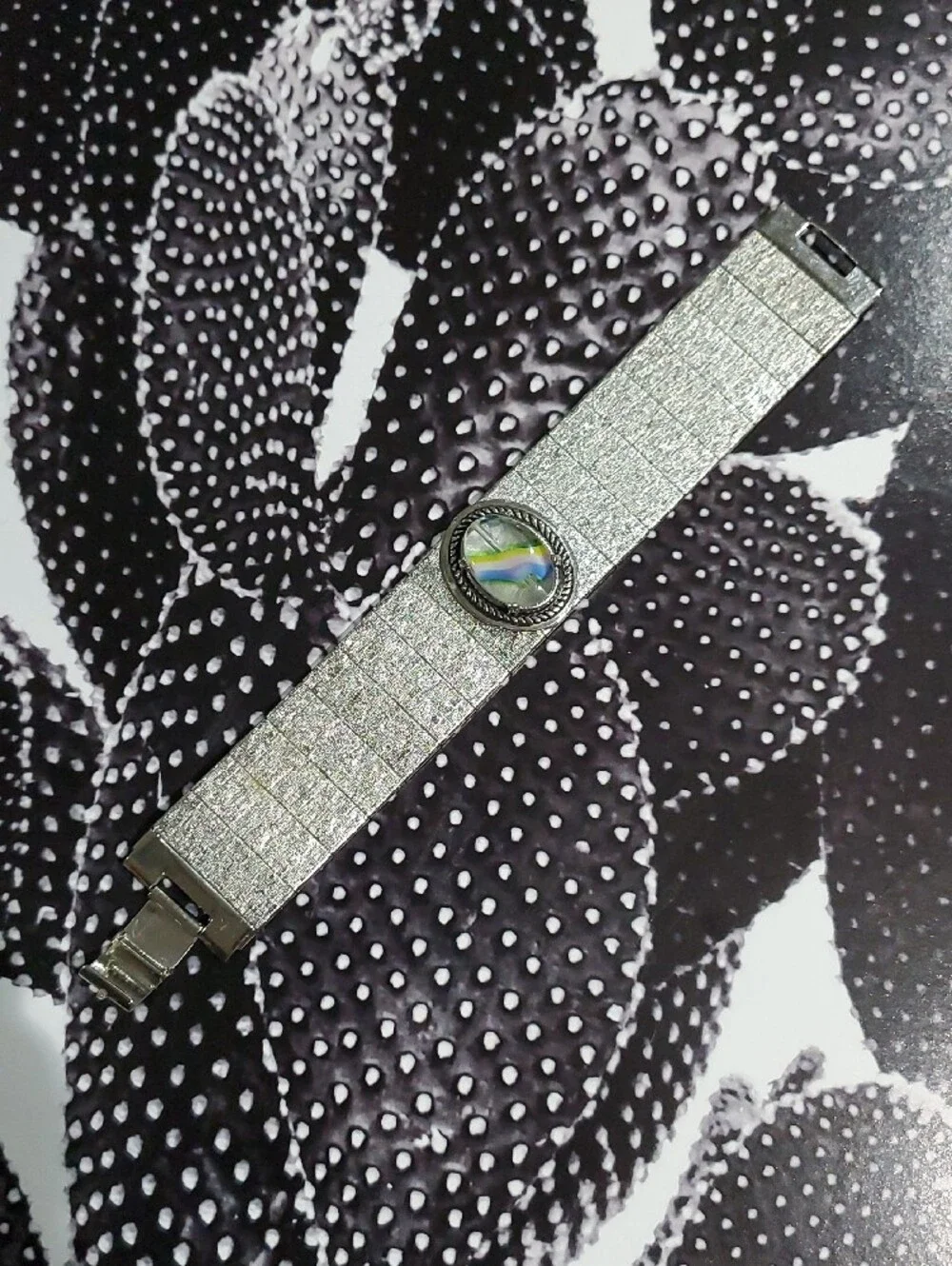 Vintage Silver-Tone Wristband with Multicolor Glass Cabochon Chunky Bracelet